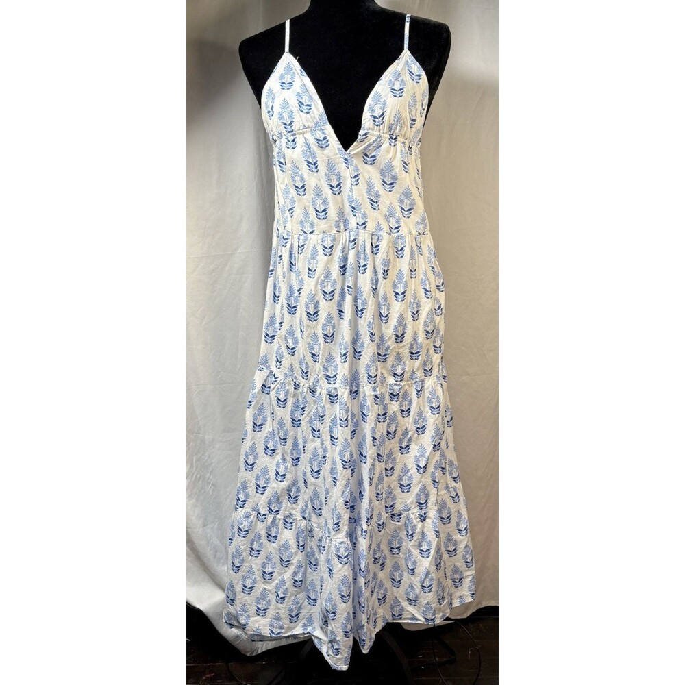 Japna XS White Blue Floral Boho V-Neck Tie Back Lined Midi Sundress